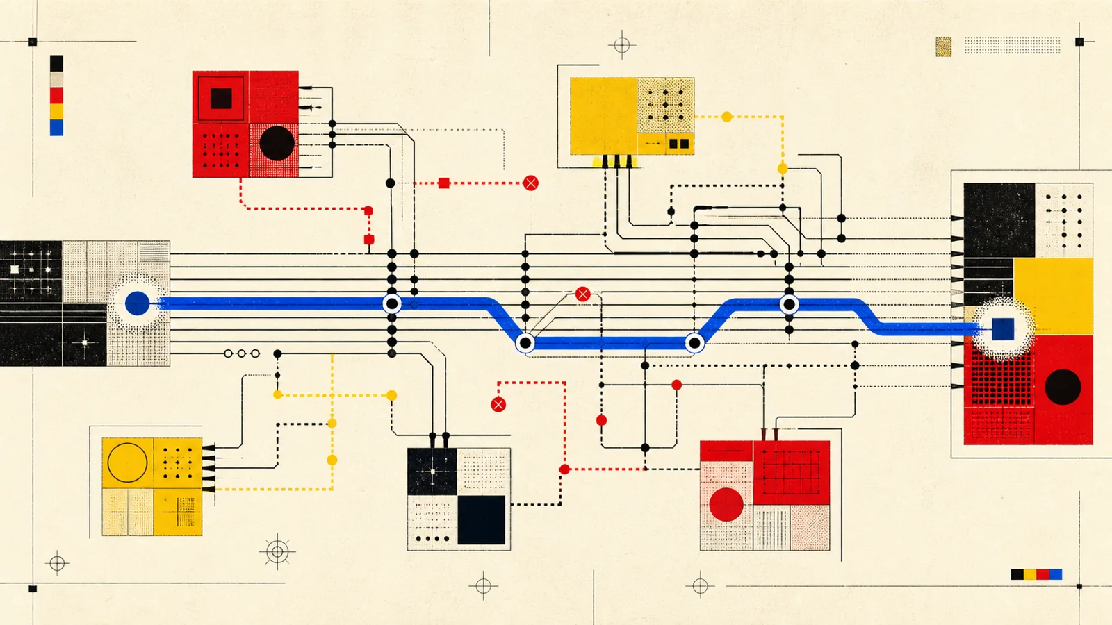 Bauhaus editorial diagram of a blue automation route connecting fragmented business systems