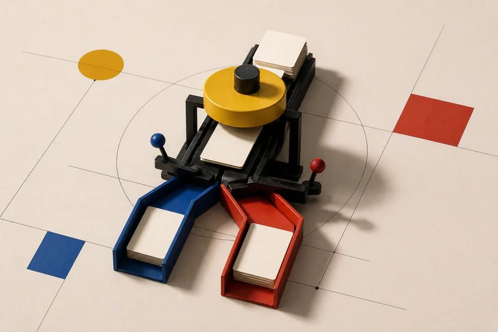 A modernist opportunity scanner sorting blank cards into blue and red feeds